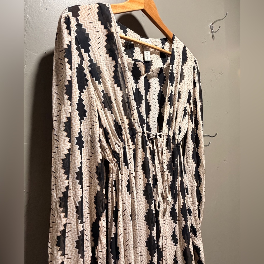 $750+ Evarae Elegant Black and Cream Sheer Maxi Dress